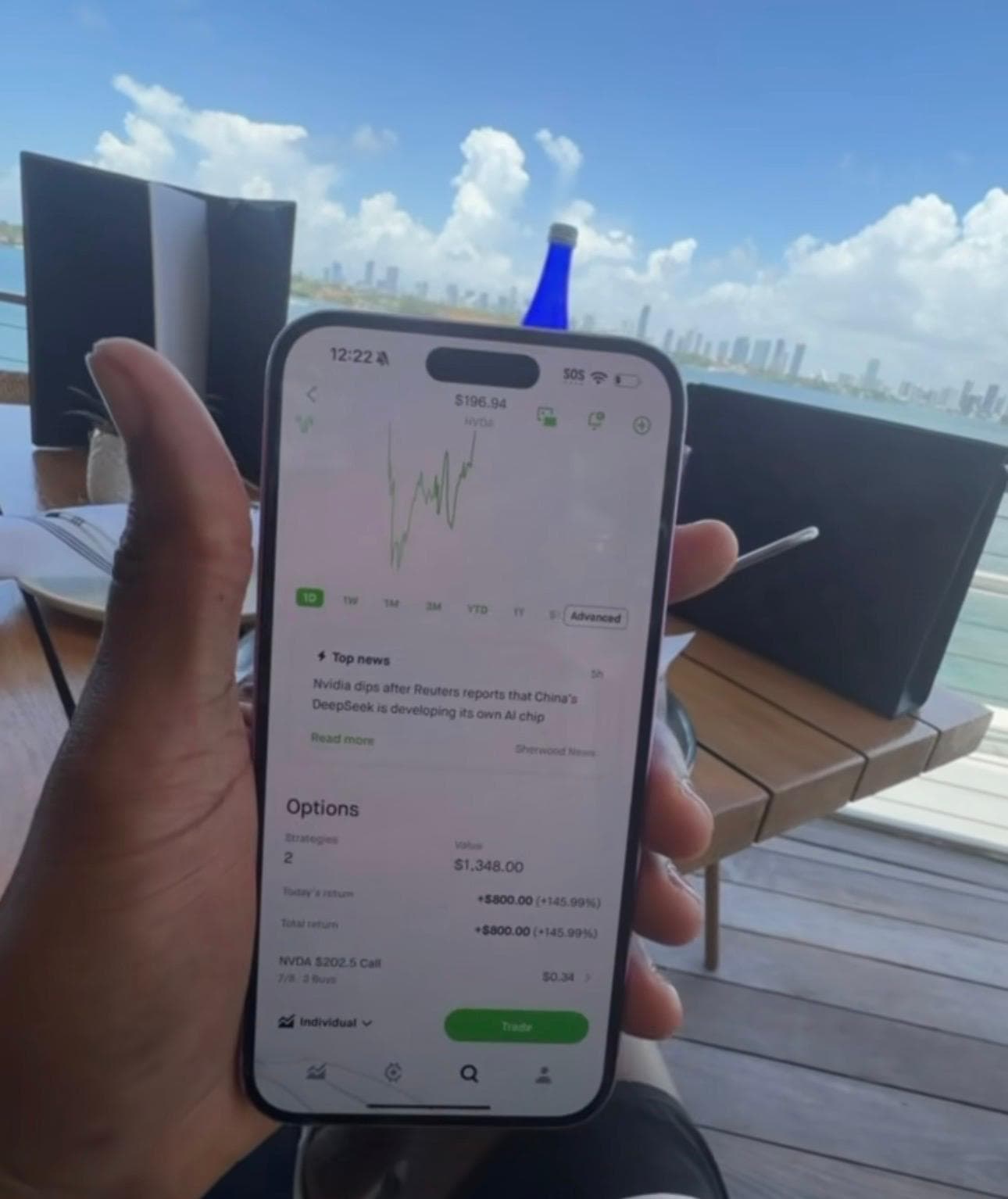 Member reviewing a market chart on mobile from a balcony over the Miami skyline
